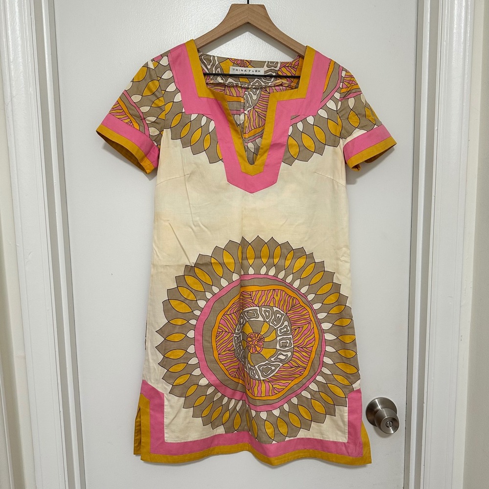 Trina Turk | Woman's Cotton Sunburst Pink Yellow Geometric Mini Shift Dress, S